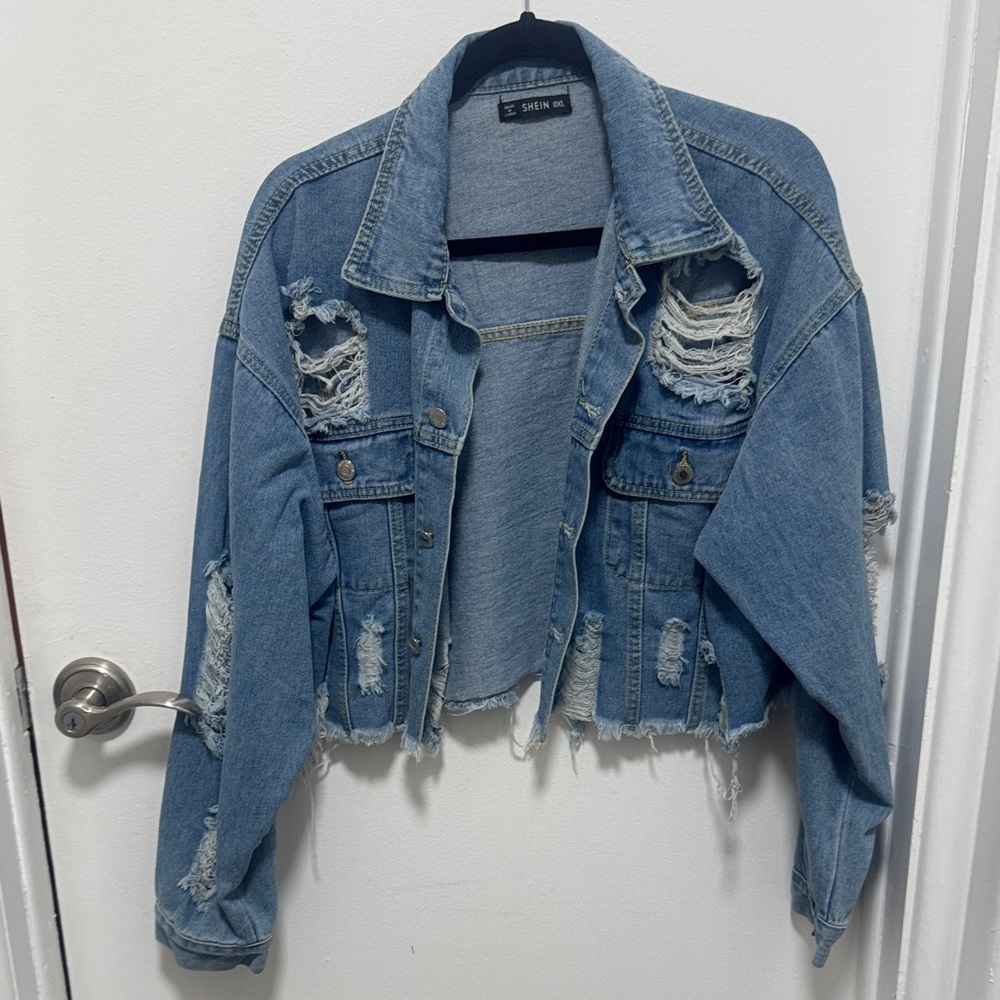 SHEIN Blue Distressed Cropped Jacket